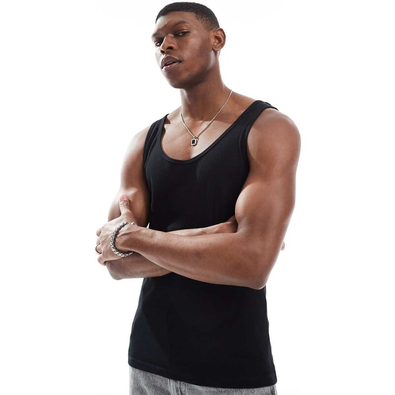 ASOS DESIGN Essentials muscle fit vest in black rib
