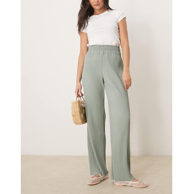 YAS high waisted wide leg plisse trousers in iceberg green 115511060