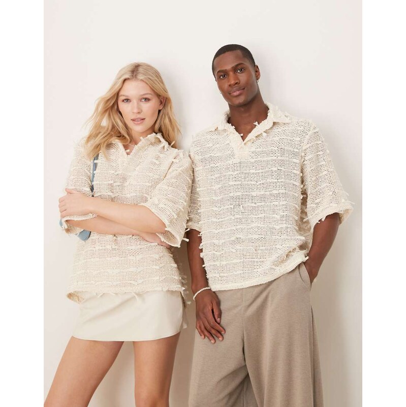 Sister Jane textured crochet polo shirt in ivory-White