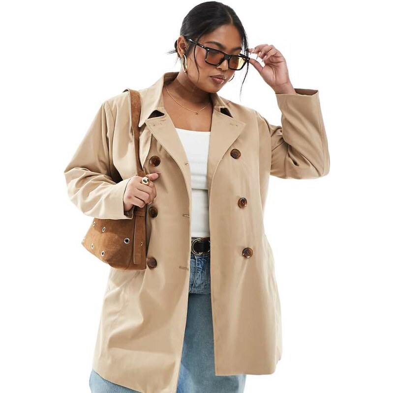 ONLY Curve belted short trench coat in beige-Neutral 104597267