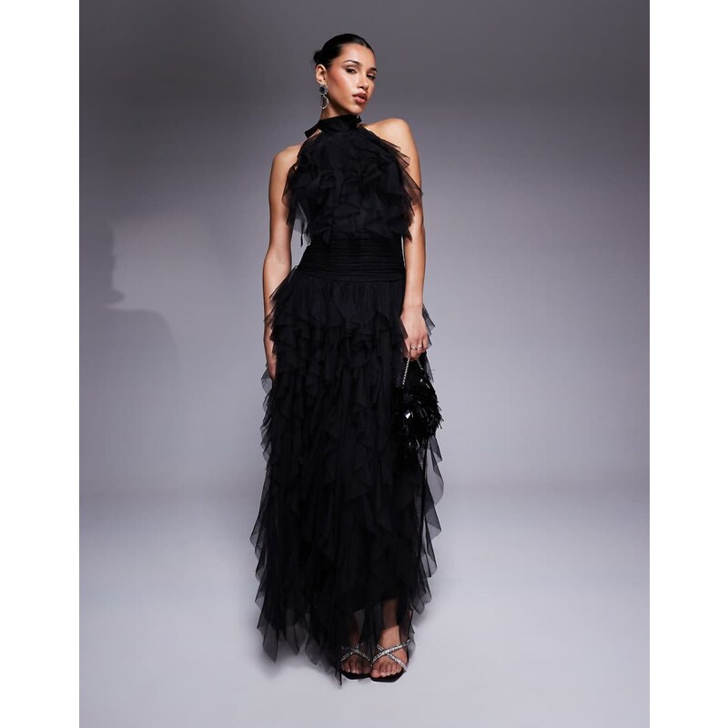 Lace & Beads backless ruffle tulle maxi dress in black