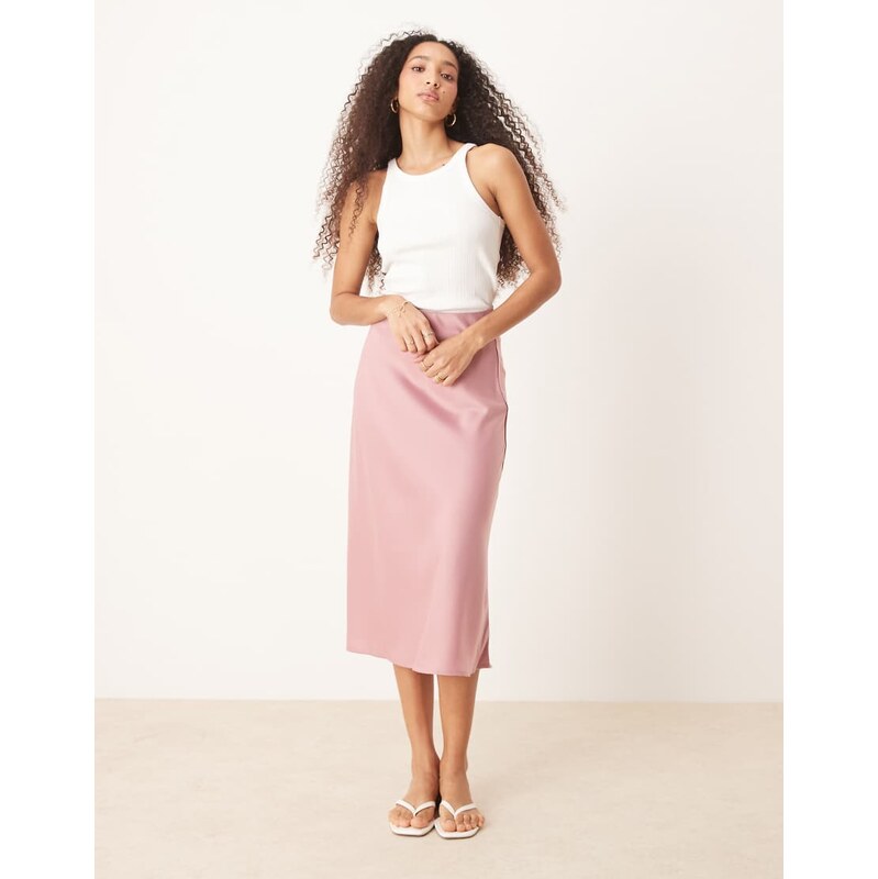 YAS satin midi skirt in lilas pink