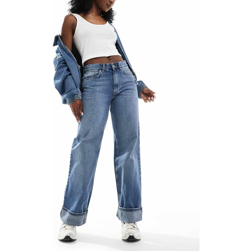 ONLY Ella wide leg fold up jeans in mid blue