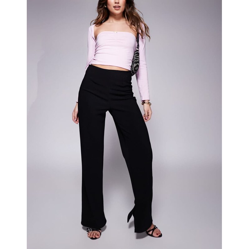 ASOS DESIGN high waist straight leg trouser with side split in black 104601814