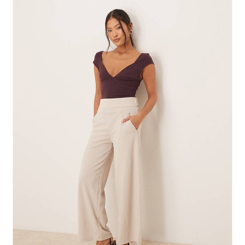 JDY Petite wide leg tailored trousers in beige-Neutral