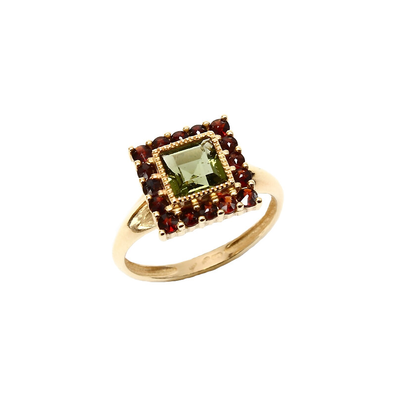 Bohemia Garnet Zlatý prsten s vltavínem a granáty - 099T, (Au585) vel. 56