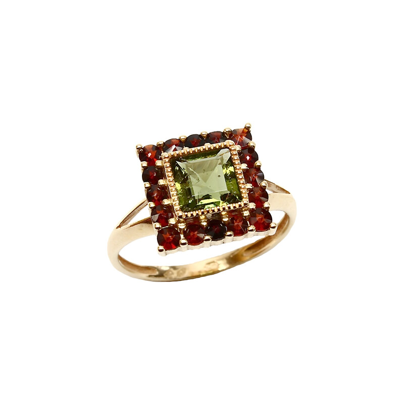 Bohemia Garnet Zlatý prsten s vltavínem a granáty - 099V, (Au585) vel. 50