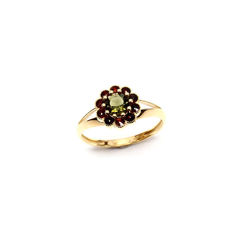 Bohemia Garnet Zlatý prsten s vltavínem a granáty - 159V, (Au585) vel. 50