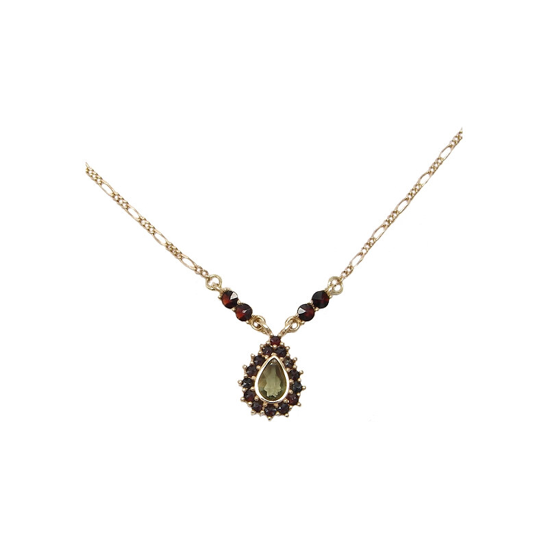 Bohemia Garnet Zlatý granátový náhrdelník s vltavínem - 053 (Au585)