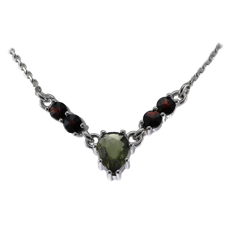 Bohemia Garnet Stříbrný granátový náhrdelník s vltavíny - 025 (rhodiovaný)