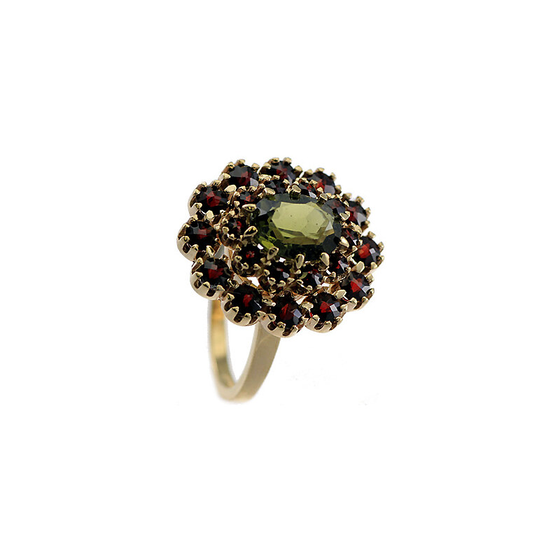 Bohemia Garnet Zlatý prsten s vltavínem a granáty - 280I, (Au585) vel. 50