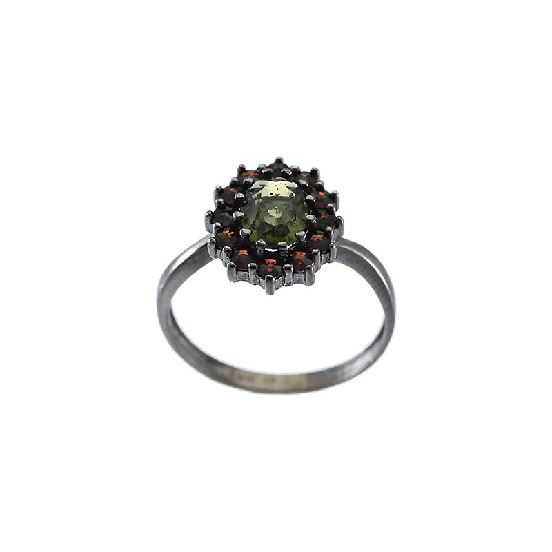 Bohemia Garnet Stříbrný granátový prsten s vltavínem - 298H, (rt) vel. 50