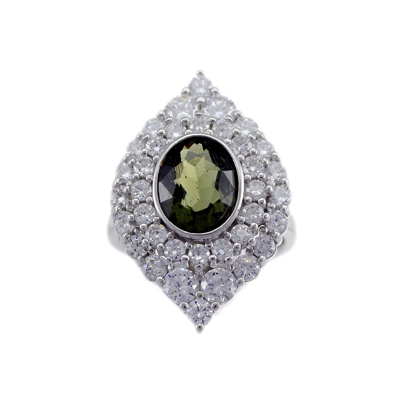 Bohemia Garnet Stříbrný prsten se zirkony a vltavínem - 376I, (rh) vel. 50