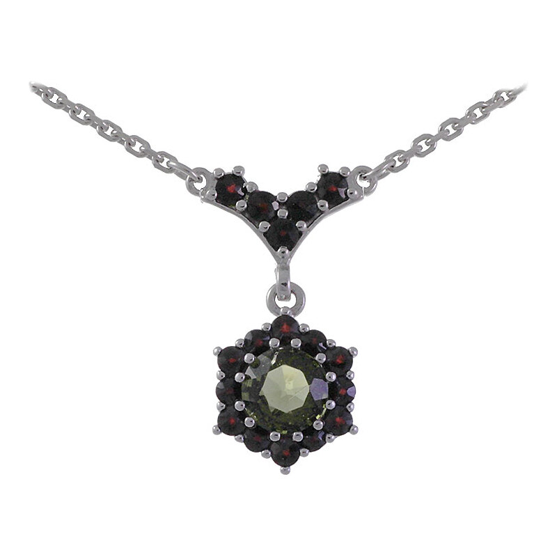 Bohemia Garnet Stříbrný granátový náhrdelník s vltavíny - 353 (rhodiovaný)