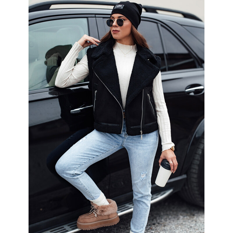 BASIC Dámská černá semišová vesta s ovčí kůží WOOLZIP TY4742
