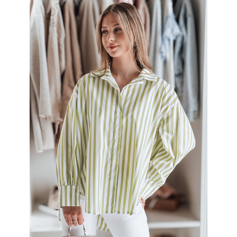 BASIC Bílo-zelená dámská oversize košile s prodlouženou zadní