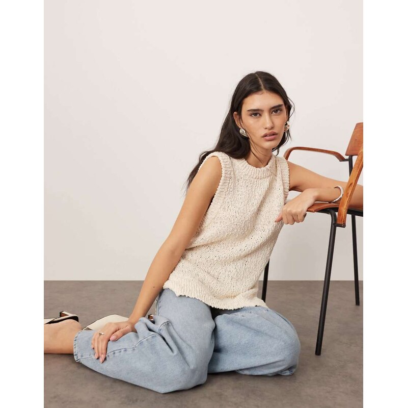 ARRANGE boucle open knit longline vest top in off white 104620030