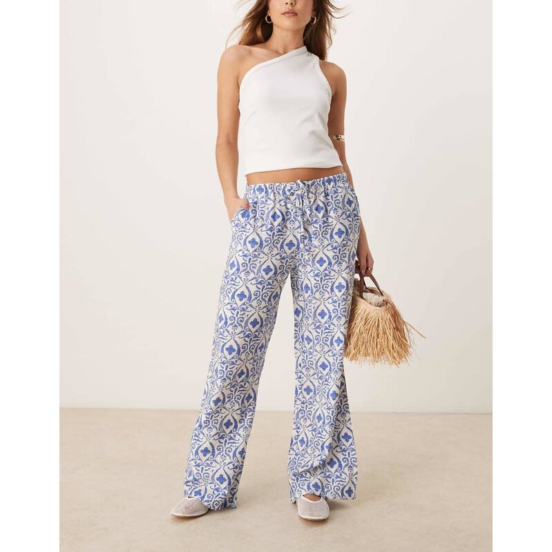 JDY tie waist wide leg trousers in blue tile print-White 105113633