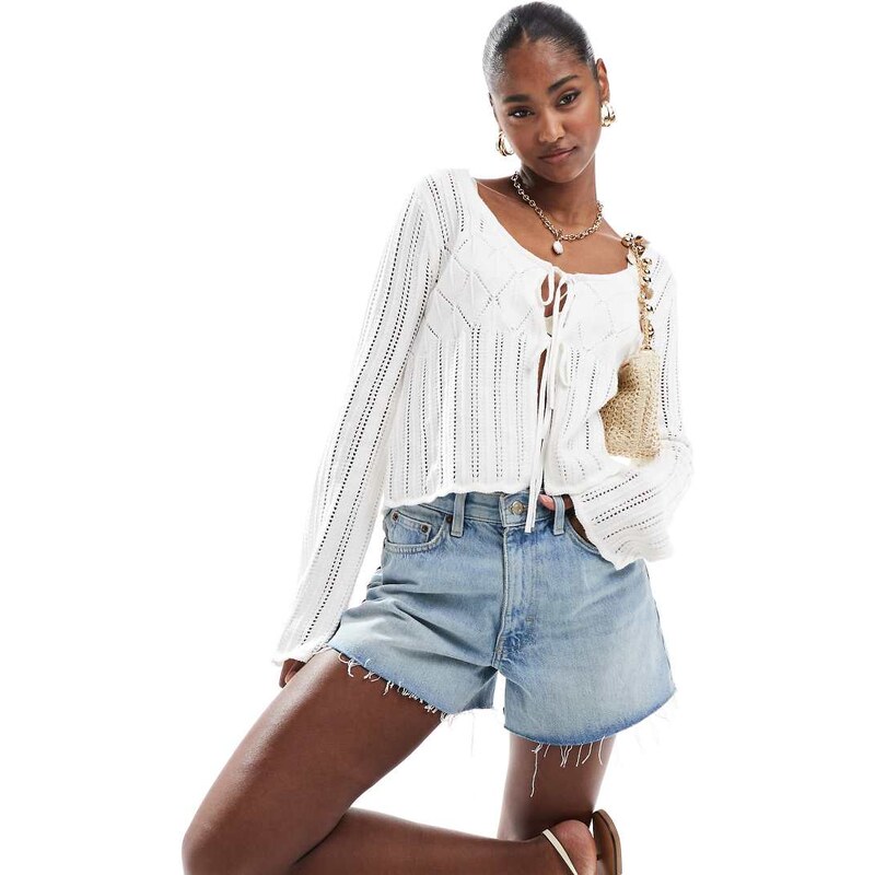 Hollister long sleeve tie front crochet top in beige-Neutral 105898578