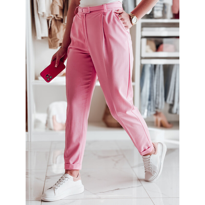 BASIC Elegantní dámské růžové plisované kalhoty s páskem PLISSO