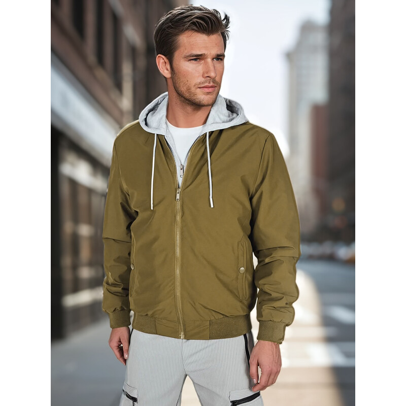 BASIC Khaki pánský bomber s mikinovou kapucí