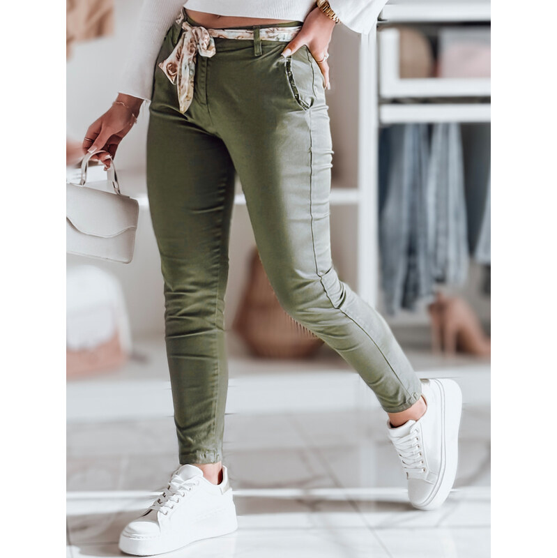 BASIC Dámské tmavě zelené chino kalhoty s páskem ROSSALI UY2596