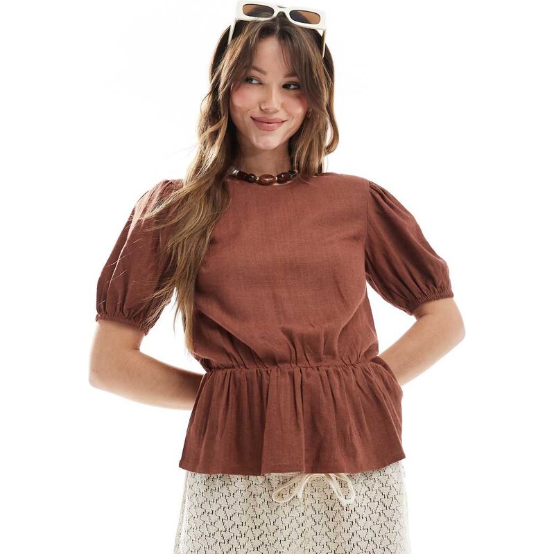 ASOS DESIGN linen blend peplum top with puff sleeve in brown
