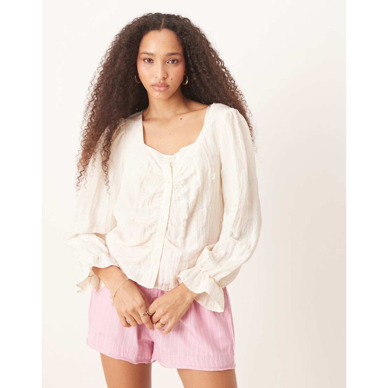 AWARE blouson sleeve crinkle blouse in cream-White 113260862
