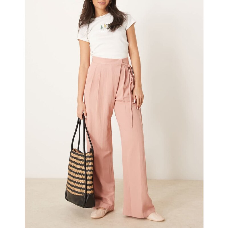 ASOS DESIGN linen tie front wide leg trousers in apricot-Pink