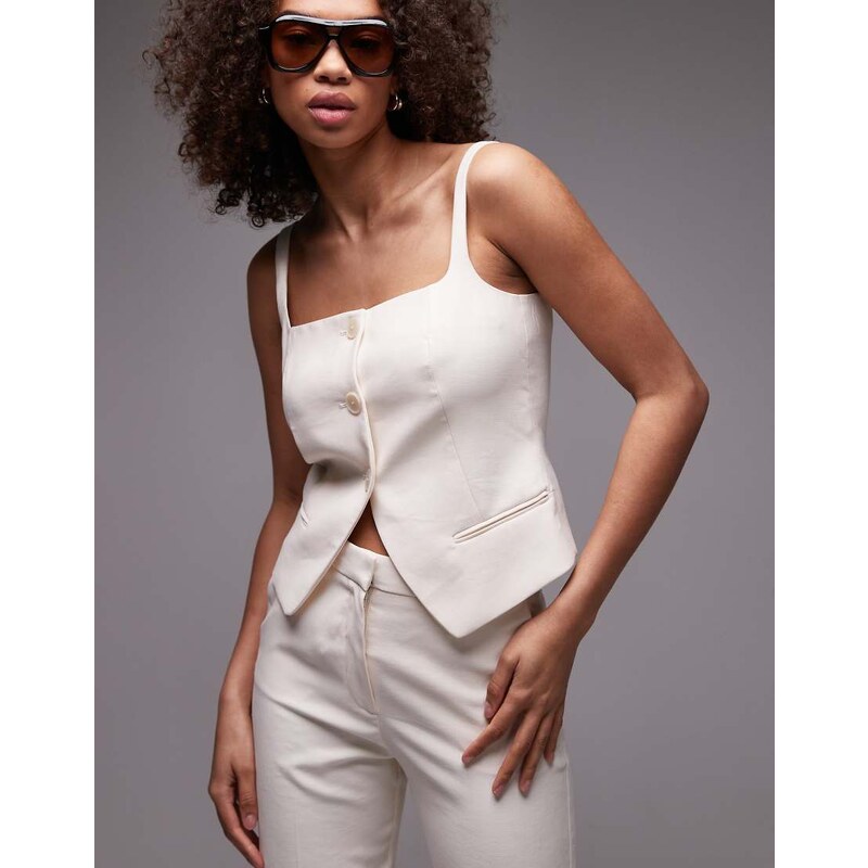 Mango linen look square neck waistcoat co-ord in beige-Neutral 104655719