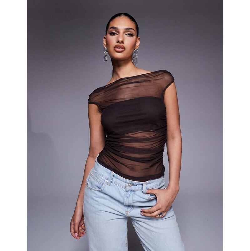ASOS DESIGN gathered short sleeve off shoulder mesh top in chocolate 104655795