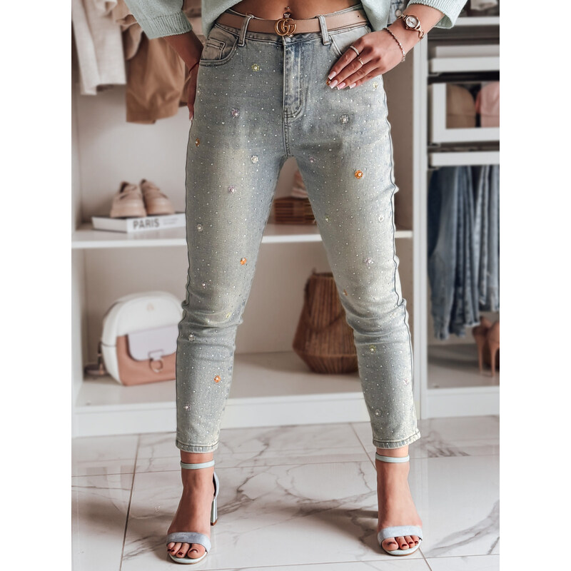 BASIC Světle modré dámské skinny džíny zdobené jemnými