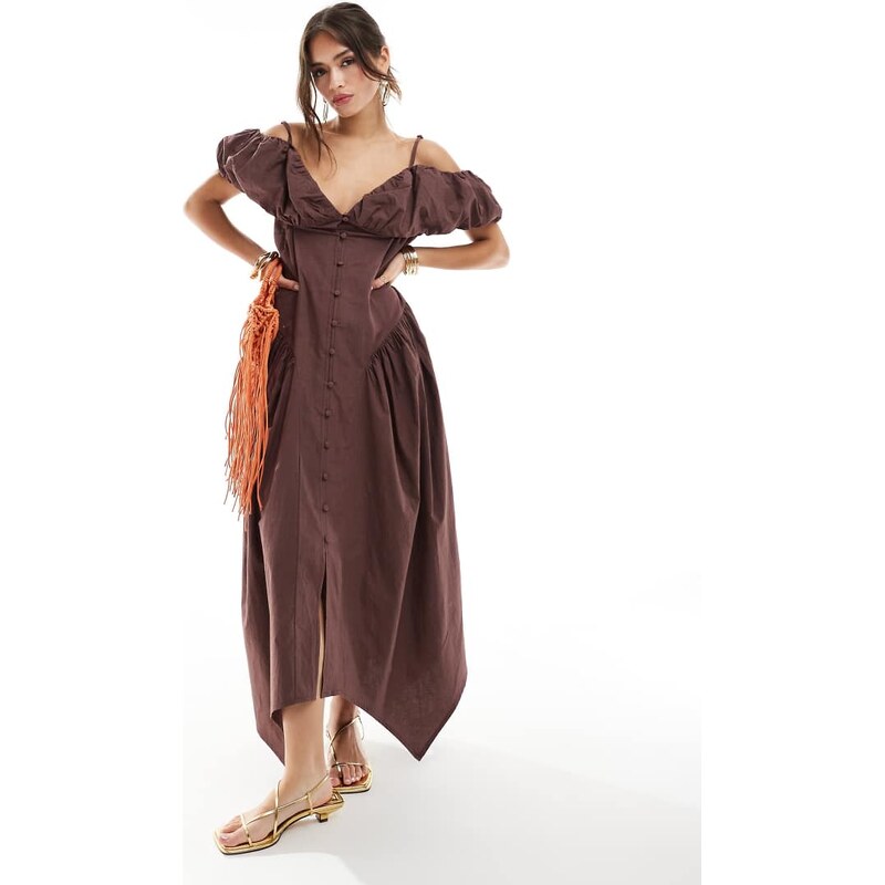 ASOS DESIGN bardot sleeve button through midi dress with oversized 104662827