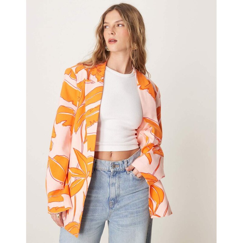 ASOS DESIGN relaxed blazer co-ord with linen in palm print-Multi 104662830