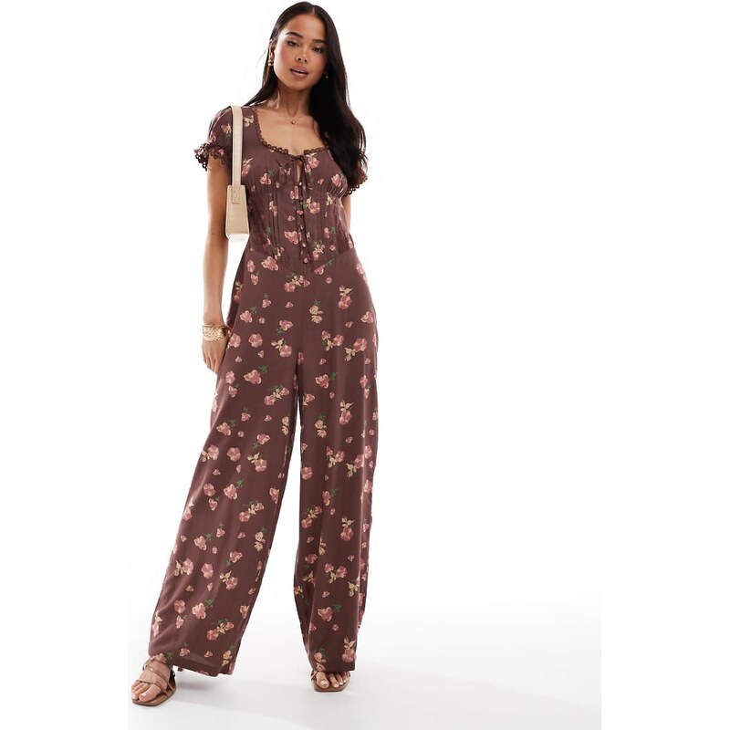 ASOS DESIGN spun lace trim corset waist jumpsuit in mauve floral print 104662837