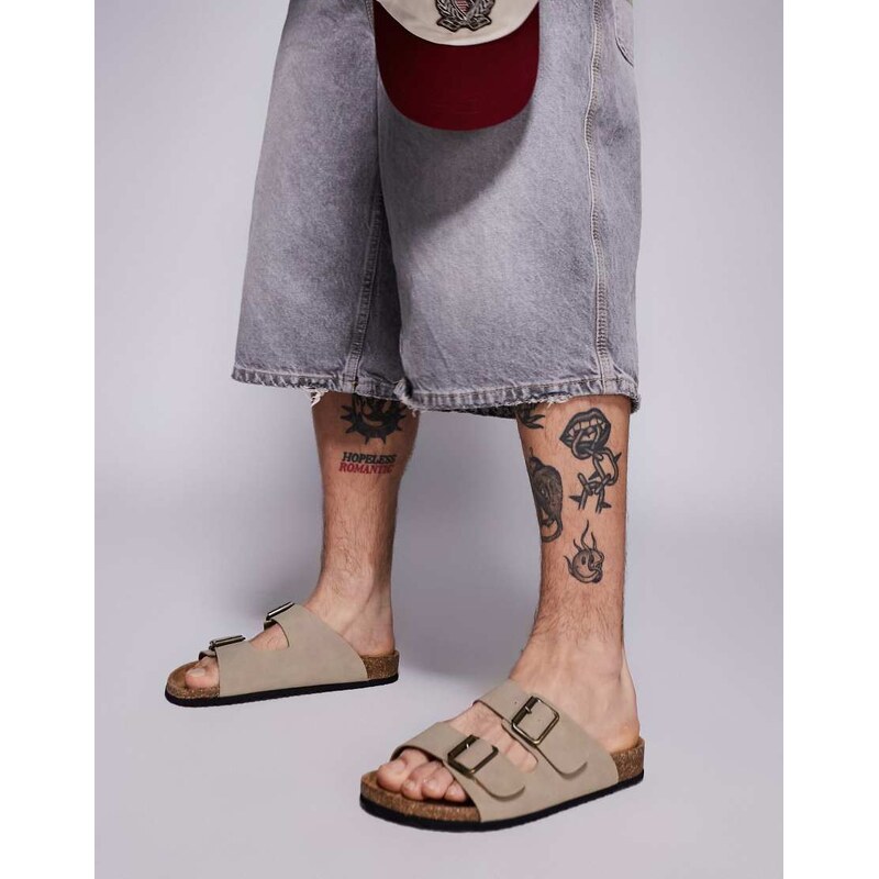 ASOS DESIGN two strap sandals in stone with cork sole-Neutral