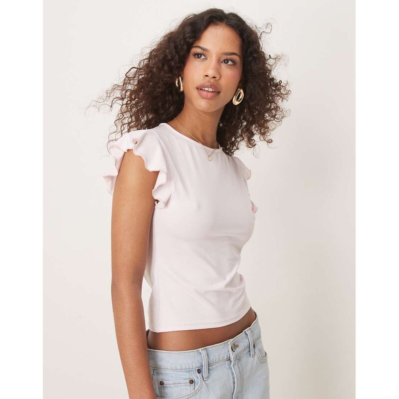 ASOS DESIGN boat neck top with ruffle sleeve in baby pink 104663167