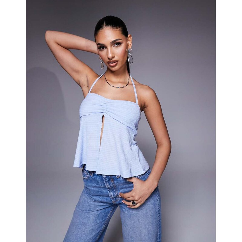 ASOS DESIGN halter ruched front top in baby blue 104663188