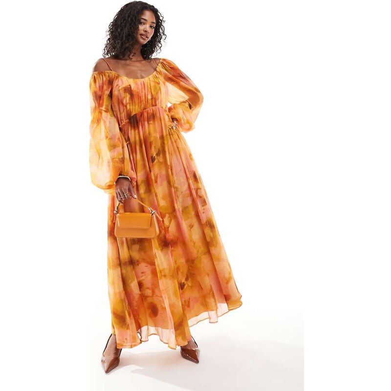 ASOS DESIGN scoop neck shirred waist insert maxi dress in orange
