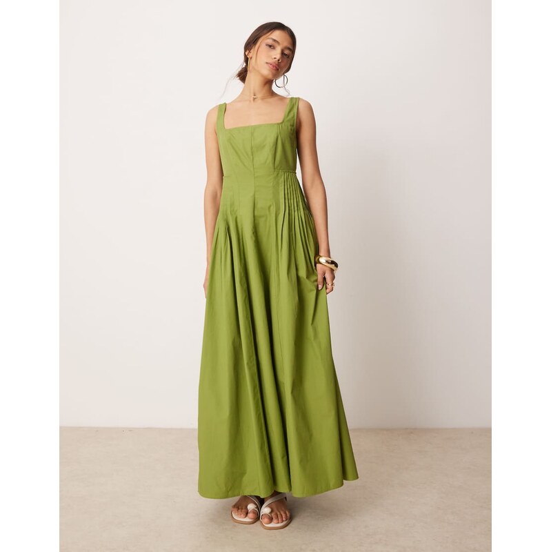 ASOS DESIGN scoop neck pleat waist maxi sundress in olive-Green