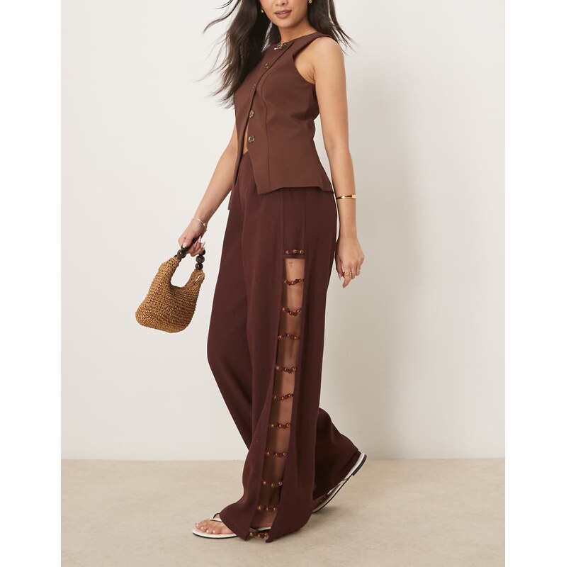 VRG GRL tia linen pants with bead detailing in burgundy-Red 104664607