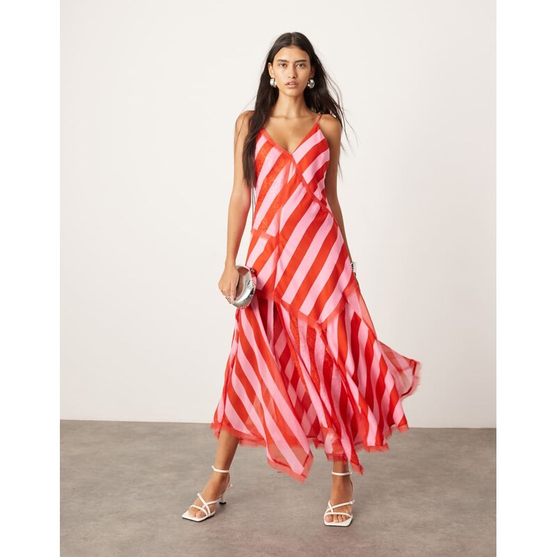 ARRANGE contrast fabric cami midi dress with hanky hem in colour block 104679722