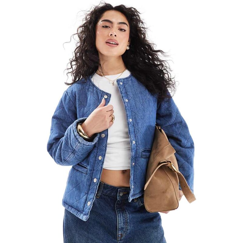 ONLY quilted denim jacket in mid blue
