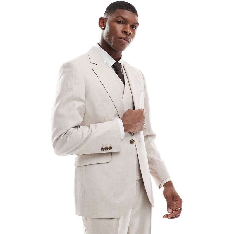 ASOS DESIGN slim suit jacket with linen in stone twill-Neutral