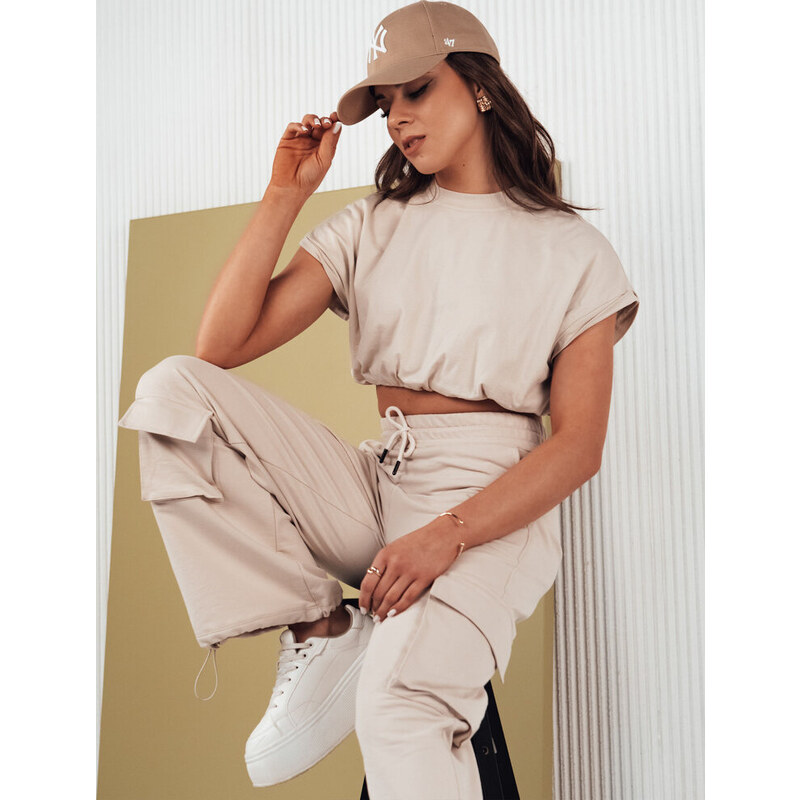 BASIC Světle béžový komplet crop topu a volných kalhot Béžová
