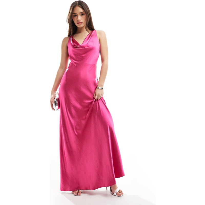 Six Stories Bridesmaid cowl front satin maxi dress in fuchsia pink 104684325