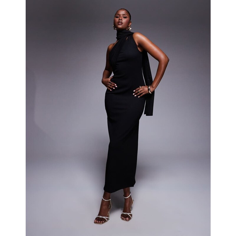 ASOS DESIGN textured crinkle one shoulder midi dress with sheer