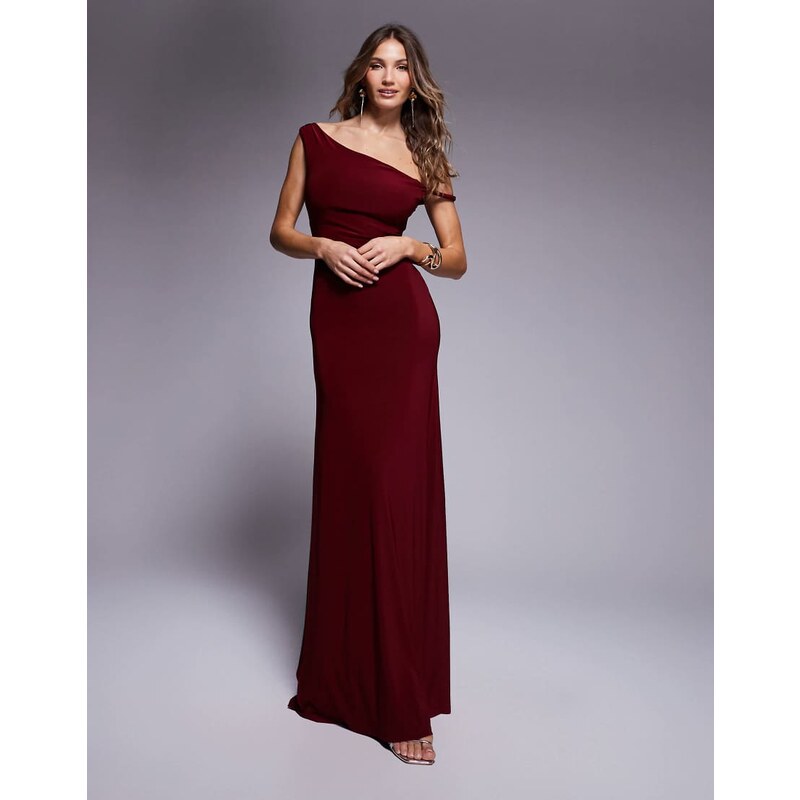ASOS DESIGN twist shoulder with lace up back maxi dress in wine