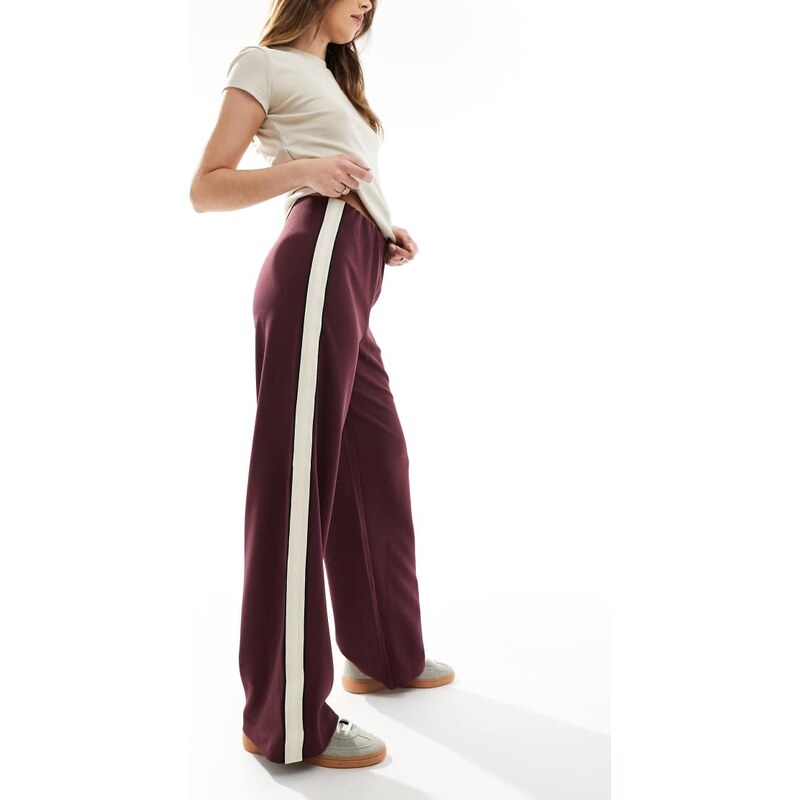 Vero Moda loose pull on trousers with side stripe in burgundy