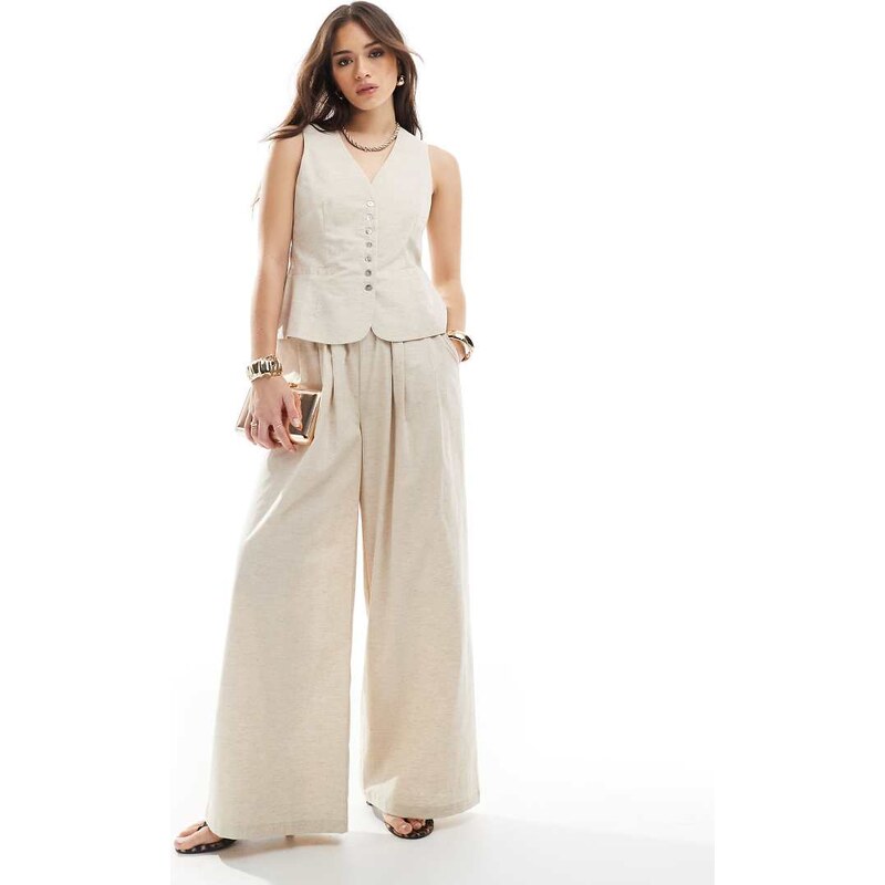 4th & Reckless linen blend tailored ruched waistband wide leg trousers 104708263